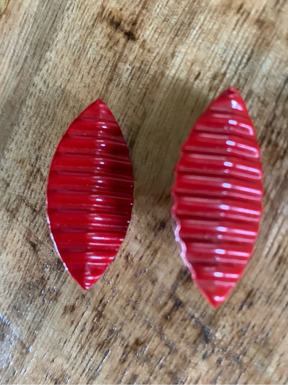 Vintage Red Ribbed Marquise Clip-On Earrings